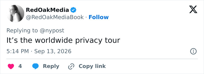 A tweet by RedOakMedia commenting on Meghan Markle's post after moving back to the UK. A tweet by RedOakMedia commenting on Meghan Markle's post after moving back to the UK.