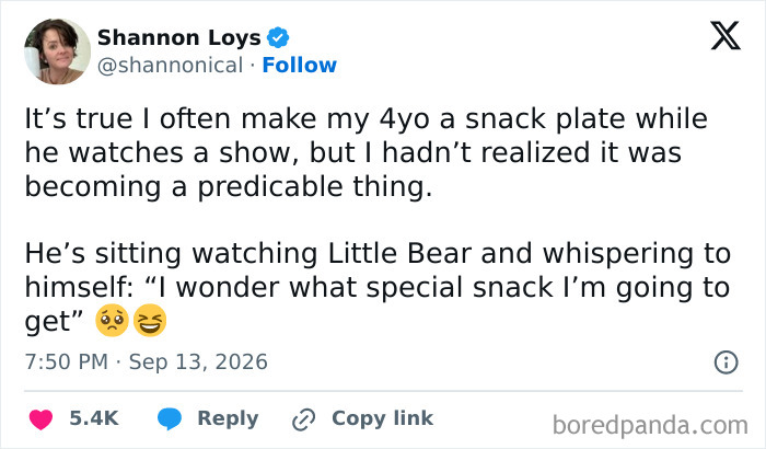 A social media post where parents vented about a 4-year-old expecting a special snack while watching a show.