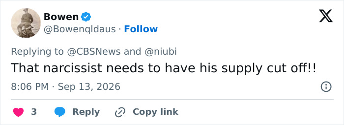 Tweet about surrogate baby truth: A user named Bowen posts a tweet about a narcissist's supply being cut off.
