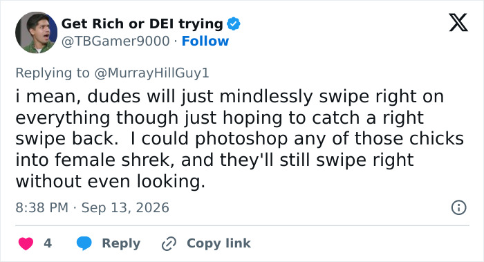 Screenshot of a comment on the dating profiles Becky Experiment, discussing male swiping behavior. Screenshot of a comment on the dating profiles Becky Experiment, discussing male swiping behavior.