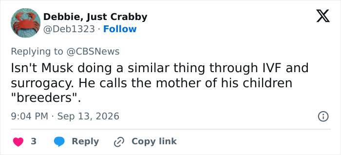 A tweet questioning the disturbing truth revealed about the single dad and surrogate baby, comparing it to Musk.