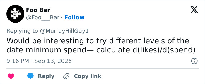 A comment on dating profiles, proposing testing different date minimum spends for the Becky experiment. A comment on dating profiles, proposing testing different date minimum spends for the Becky experiment.