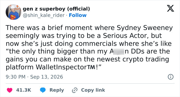 A screenshot of a tweet from gen z superboy (official) criticizing Sydney Sweeney's betting ad campaign. A screenshot of a tweet from gen z superboy (official) criticizing Sydney Sweeney's betting ad campaign.