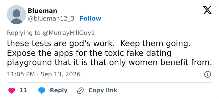Screenshot of a comment praising the dating profiles Becky Experiment for exposing dating app issues. Screenshot of a comment praising the dating profiles Becky Experiment for exposing dating app issues.