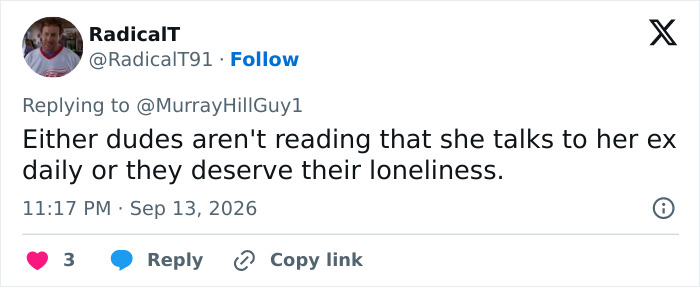 A tweet from RadicalT discussing dating profiles and the Becky experiment: Men not reading that she talks to ex daily. A tweet from RadicalT discussing dating profiles and the Becky experiment: Men not reading that she talks to ex daily.