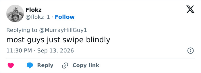 A tweet from Flokz about dating profiles and the Becky experiment: Most guys just swipe blindly. A tweet from Flokz about dating profiles and the Becky experiment: Most guys just swipe blindly.