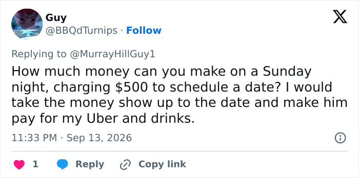 A comment on dating profiles, discussing charging to schedule a date, part of the Becky experiment. A comment on dating profiles, discussing charging to schedule a date, part of the Becky experiment.