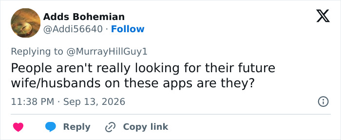 A tweet from Adds Bohemian questioning dating profiles and the Becky experiment: People aren't looking for future wives/husbands on apps. A tweet from Adds Bohemian questioning dating profiles and the Becky experiment: People aren't looking for future wives/husbands on apps.