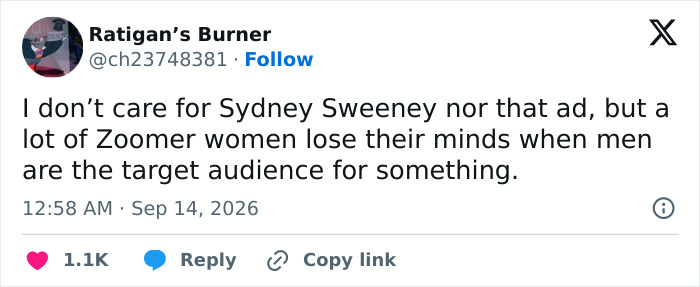 Twitter post about Sydney Sweeney's ad campaign and Zoomer women's reactions. Twitter post about Sydney Sweeney's ad campaign and Zoomer women's reactions.