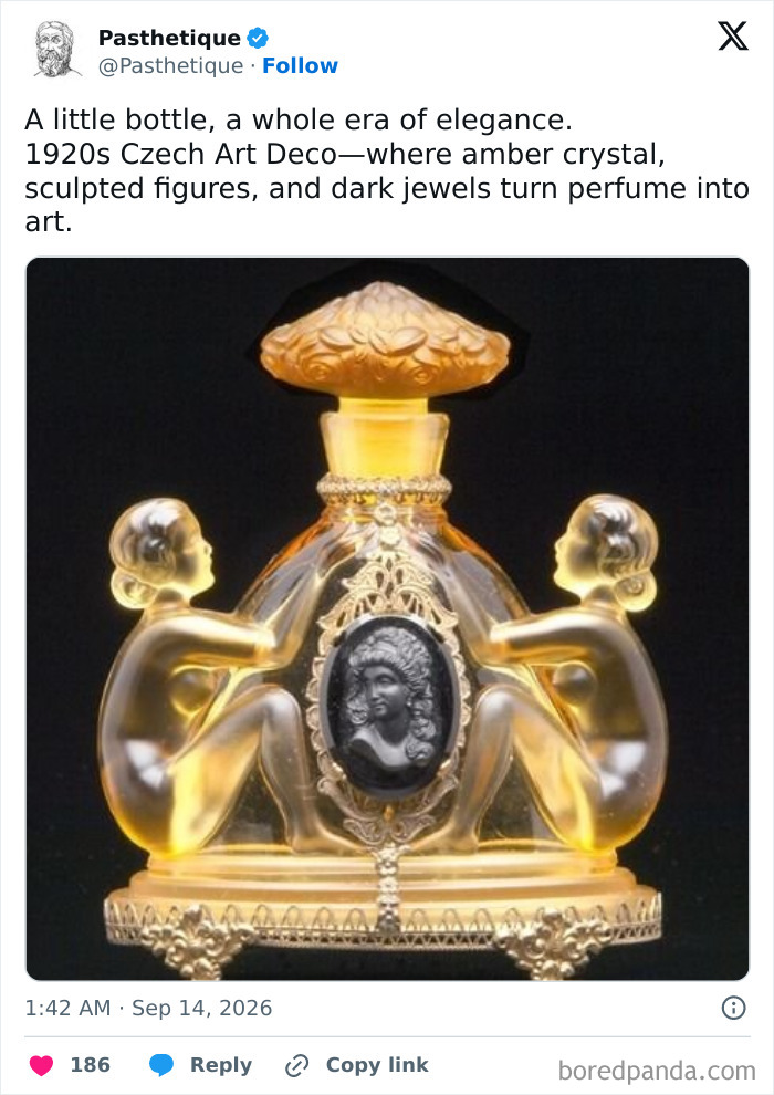 Aesthetic art glass bottle with amber crystal and carved figures from the 1920s Art Deco movement.