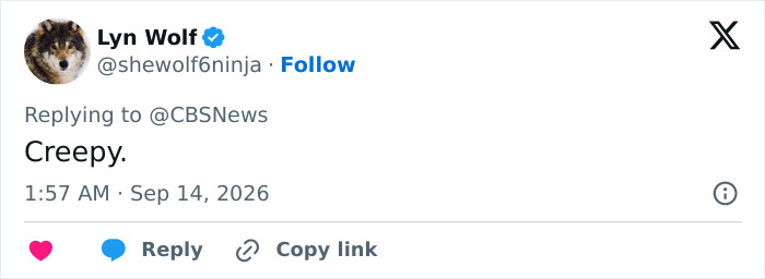 A social media post with a profile picture of a wolf, replying Creepy. to a news story about a surrogate baby.