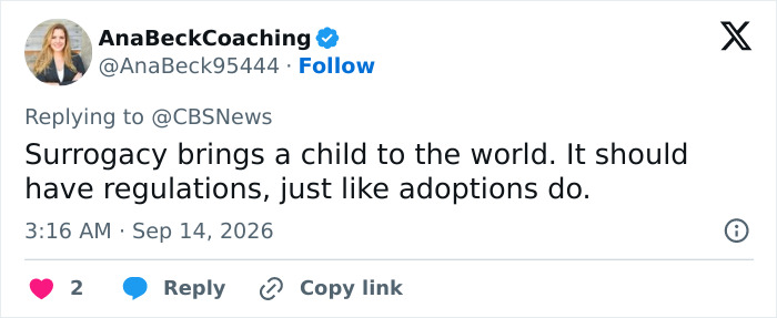 Tweet about surrogate baby truth: A user named AnaBeckCoaching tweets that surrogacy needs regulations like adoptions.
