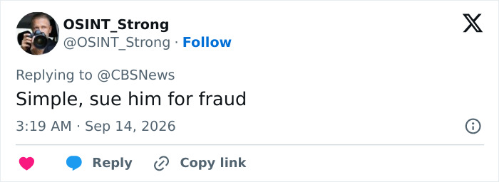 A tweet suggesting to sue for fraud, responding to the disturbing truth about a single dad.
