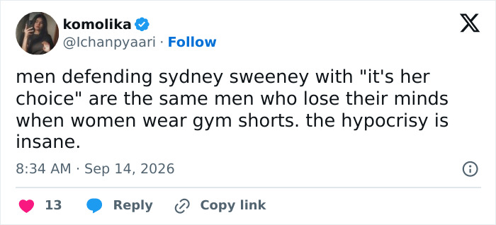 A screenshot of a tweet from komolika discussing hypocrisy related to Sydney Sweeney's betting ad campaign. A screenshot of a tweet from komolika discussing hypocrisy related to Sydney Sweeney's betting ad campaign.