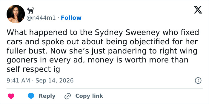 A tweet criticizing Sydney Sweeney's ad campaign and her response to backlash. A tweet criticizing Sydney Sweeney's ad campaign and her response to backlash.