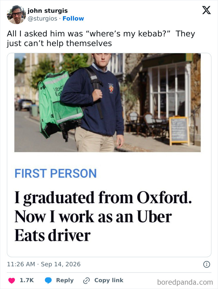 Funny tweets sharing a joke about an Oxford graduate working as an Uber Eats driver