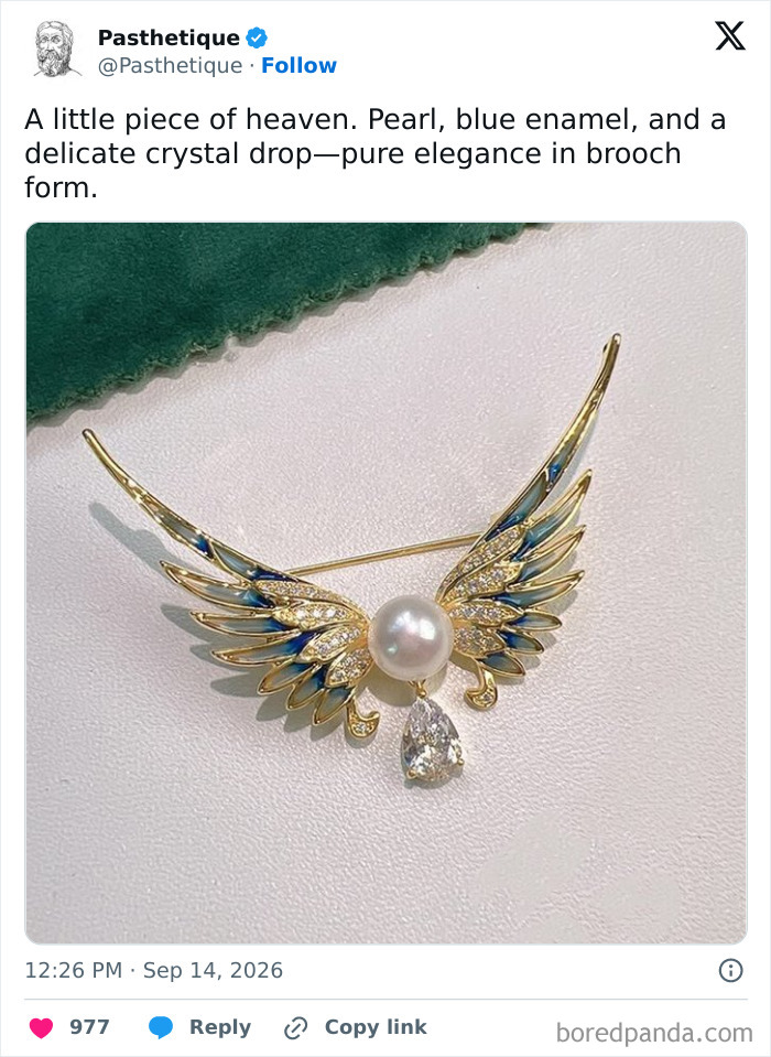 An aesthetic gold brooch shaped like wings with a central pearl and a hanging teardrop crystal.
