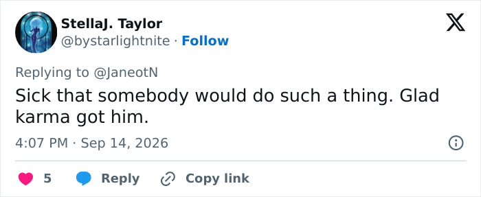 A social media comment from @bystarlightnite glad karma got him after the fence builders' situation. A social media comment from @bystarlightnite glad karma got him after the fence builders' situation.