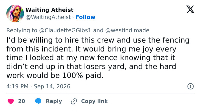 Screenshot of a social media comment expressing willingness to hire the fence builders after the payment dispute. Screenshot of a social media comment expressing willingness to hire the fence builders after the payment dispute.
