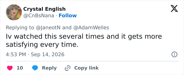 A social media comment from @CnBsNana finding the fence builders' response satisfying multiple times. A social media comment from @CnBsNana finding the fence builders' response satisfying multiple times.