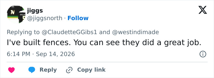 A social media comment from @jiggsnorth praising the great job done by the fence builders. A social media comment from @jiggsnorth praising the great job done by the fence builders.