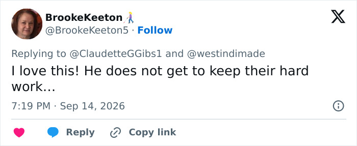 A tweet by BrookeKeeton expressing approval that the customer did not get to keep the fence builders hard work. A tweet by BrookeKeeton expressing approval that the customer did not get to keep the fence builders hard work.