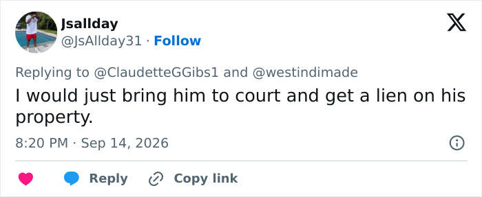 A social media comment from @JsAllday31 suggesting a lien on property for unpaid fence builders. A social media comment from @JsAllday31 suggesting a lien on property for unpaid fence builders.