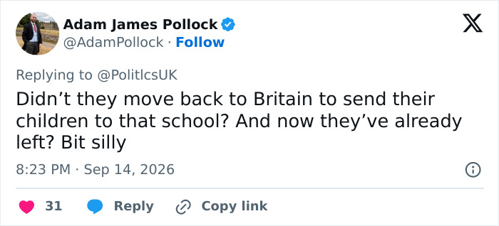 A tweet questioning Meghan and Harry's decision to pull Archie and Lilibet from school after moving to Britain.