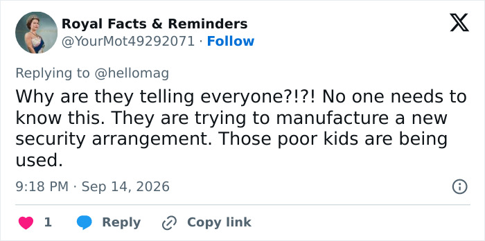 A tweet about Meghan and Harry pulling Archie and Lilibet from school, mentioning security arrangements.