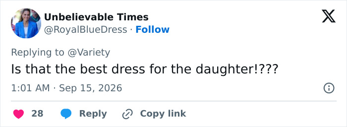 An Unbelievable Times tweet questioning Mariska Hargitay's daughter's Emmy dress choice.