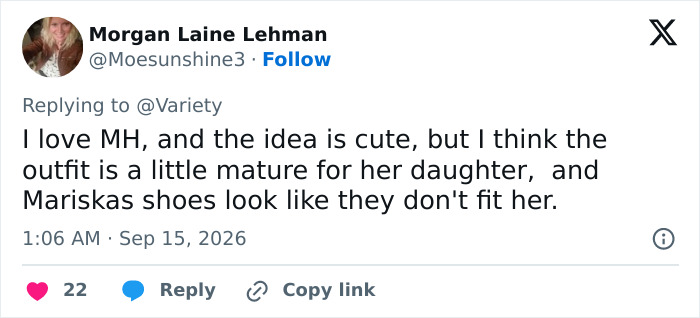 Morgan Laine Lehman's tweet about Mariska Hargitay's daughter's Emmy dress, commenting on the outfit being too mature.