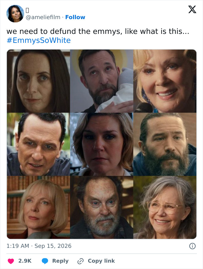 A tweet with a nine-panel collage of TV personalities, stating We need to defund the Emmys, #EmmysSoWhite. A tweet with a nine-panel collage of TV personalities, stating We need to defund the Emmys, #EmmysSoWhite.