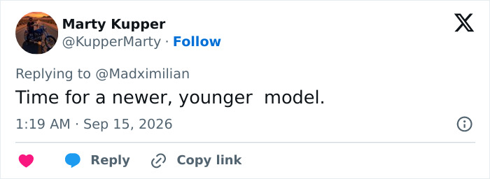 A tweet about a younger model, in context of Trump and Natalie Harp viral image discussion.