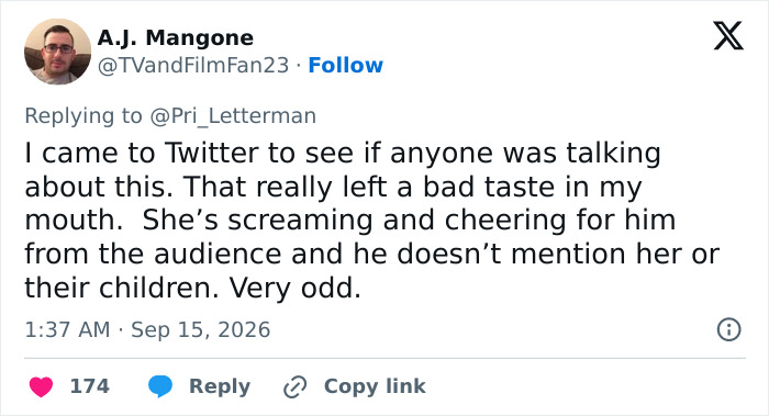 A tweet about an Emmy Winner not mentioning his wife or children during his speech.