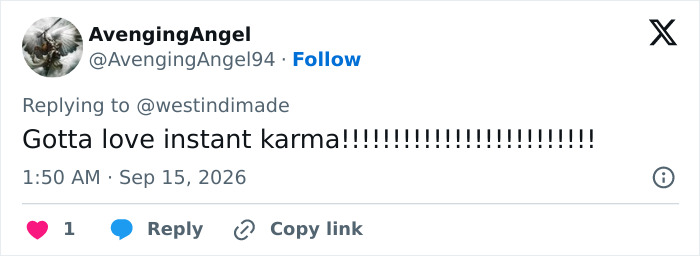 A social media post from AvengingAngel with the text Gotta love instant karma!!!!!!!!!!!!!!!!! regarding fence builders. A social media post from AvengingAngel with the text Gotta love instant karma!!!!!!!!!!!!!!!!! regarding fence builders.