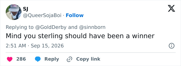 Twitter user sj suggests a different Emmy winner amidst the alarming trend. Twitter user sj suggests a different Emmy winner amidst the alarming trend.