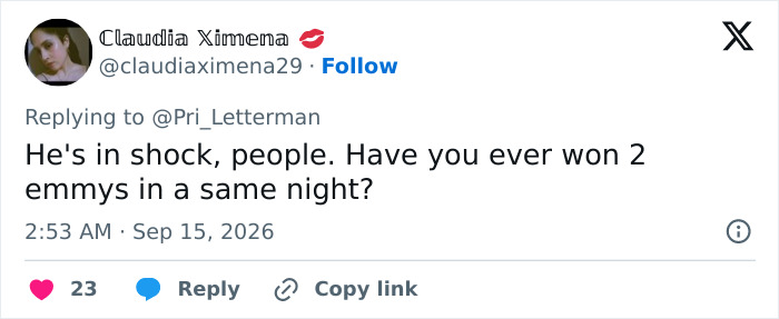 A tweet defending an Emmy Winner, suggesting he is in shock after winning two Emmys in one night.