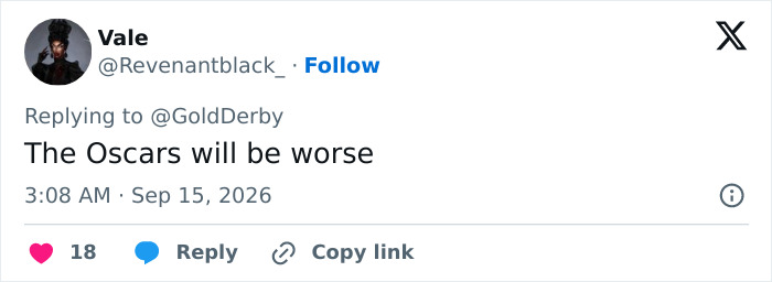 A social media post from a TV fan commenting on the alarming trend amongst Emmy Winners, predicting worse for The Oscars. A social media post from a TV fan commenting on the alarming trend amongst Emmy Winners, predicting worse for The Oscars.