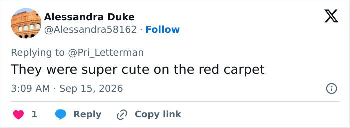 A social media post comments on an Emmy winner and wife on the red carpet, appearing cute.