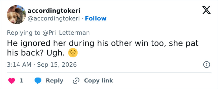 A tweet about an Emmy Winner ignoring his wife, with a sad face emoji.