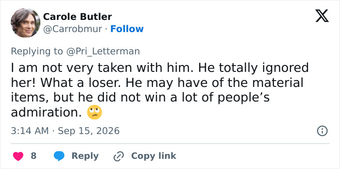Tweet by Carole Butler expressing dismay at a tense moment with wife, Emmy Winner silence.