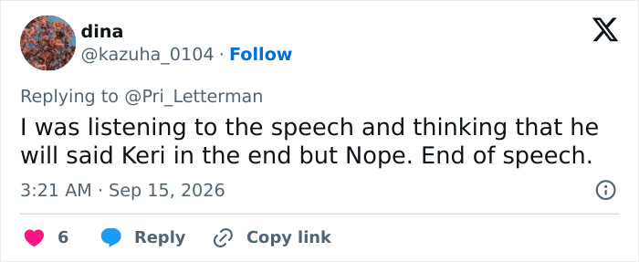 A social media post discusses an Emmy winner's speech, noting no mention of Keri.
