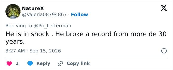 A tweet from NatureX stating an Emmy Winner is in shock after breaking a 30-year record.
