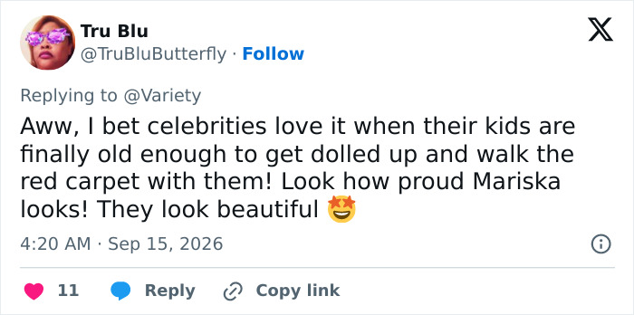 A Tru Blu tweet praising Mariska Hargitay's parenting and daughter's Emmy dress.