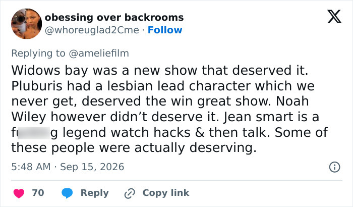 A tweet from a TV fan expresses fury about Emmy winners, discussing deserving shows and specific actors. A tweet from a TV fan expresses fury about Emmy winners, discussing deserving shows and specific actors.