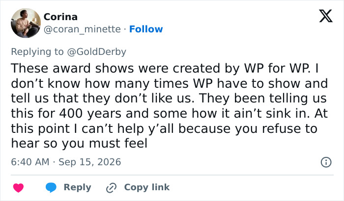 Twitter user Corina comments on the alarming trend amongst Emmy winners. Twitter user Corina comments on the alarming trend amongst Emmy winners.