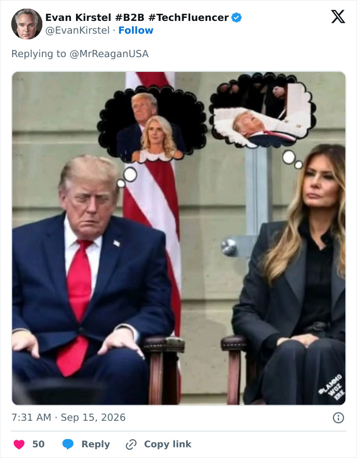 Image showing Donald Trump and Melania Trump, with thought bubbles depicting Trump kissing Natalie Harp and Trump in a casket.
