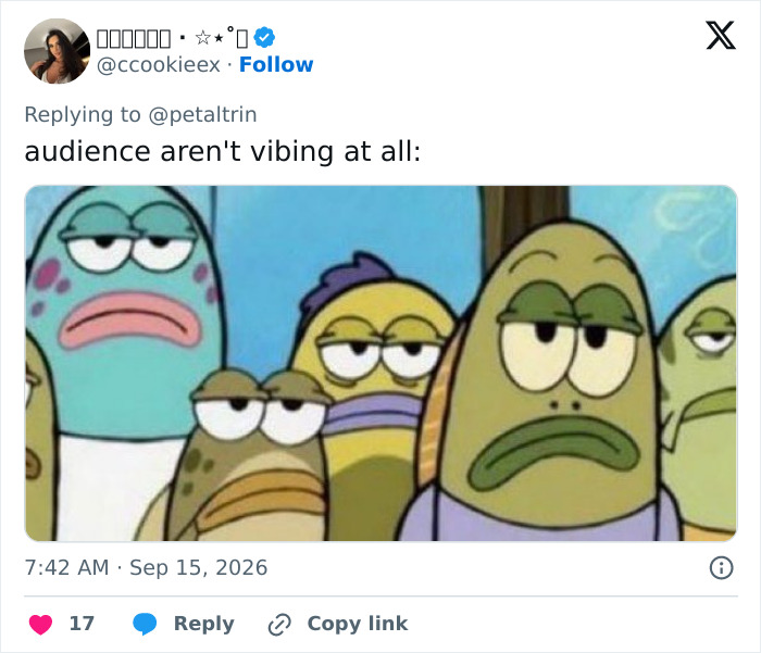 A meme of fish with unamused expressions, symbolizing silent stares from an audience at an Emmy presentation. A meme of fish with unamused expressions, symbolizing silent stares from an audience at an Emmy presentation.