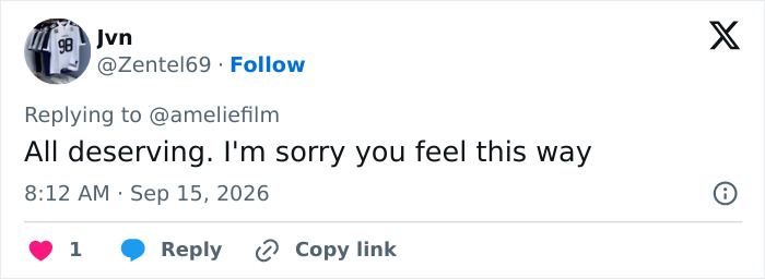 A social media post from Jvn stating, All deserving. I'm sorry you feel this way, amidst the Emmy winners discussion. A social media post from Jvn stating, All deserving. I'm sorry you feel this way, amidst the Emmy winners discussion.