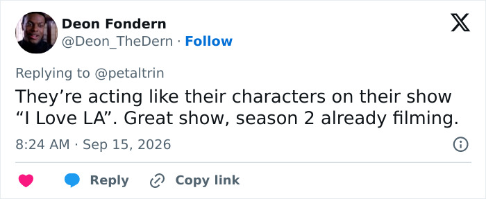 A screenshot of a tweet by Deon Fondern about stars' Emmy presentation joke and silent stares. Fans cringe. A screenshot of a tweet by Deon Fondern about stars' Emmy presentation joke and silent stares. Fans cringe.